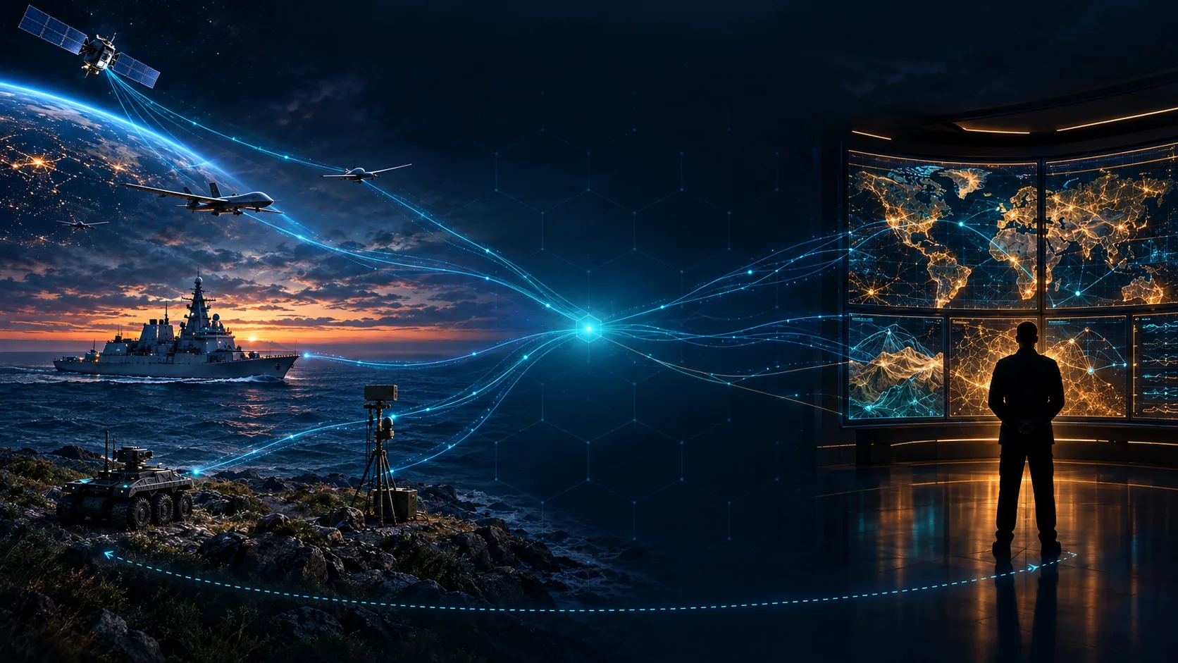 Satellite, uncrewed aircraft, a warship, ground sensors and an uncrewed ground vehicle linked by data streams to an operator in front of a command display wall