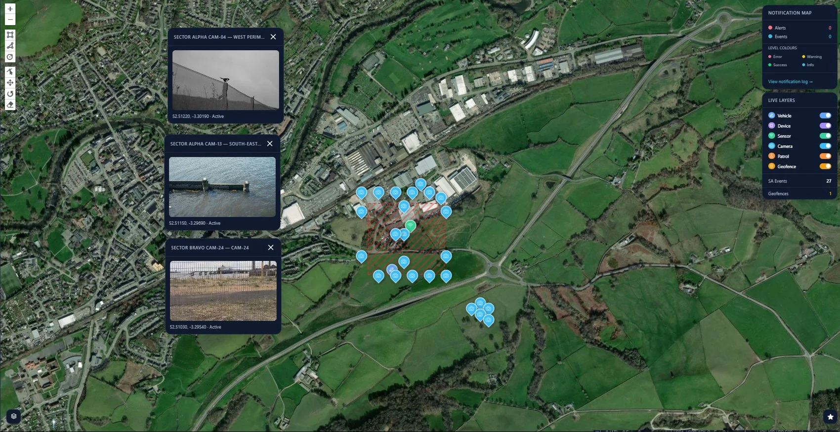 Consilium common operational picture with camera feeds and sensor markers on a live map
