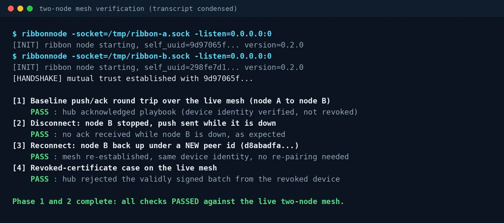 RibbonFlow: Live two-node mesh verification