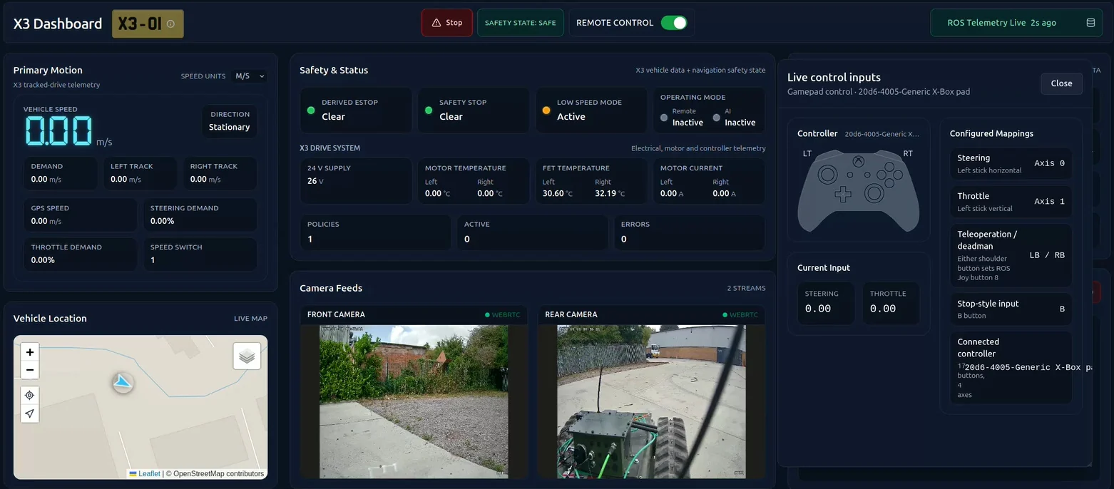 WayForge: Live X3 vehicle, driven through WayForge. Telemetry, safety state, camera feeds and gamepad control for the X3 tracked UGV.